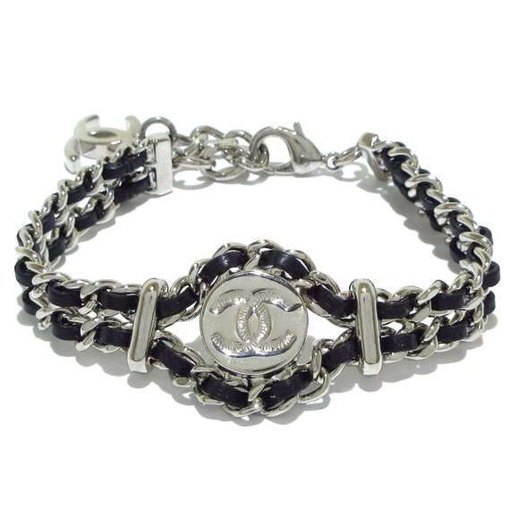 CHANEL - Silver Black Hardware Leather Bracelet 791-071825 - Picture 1 of 8
